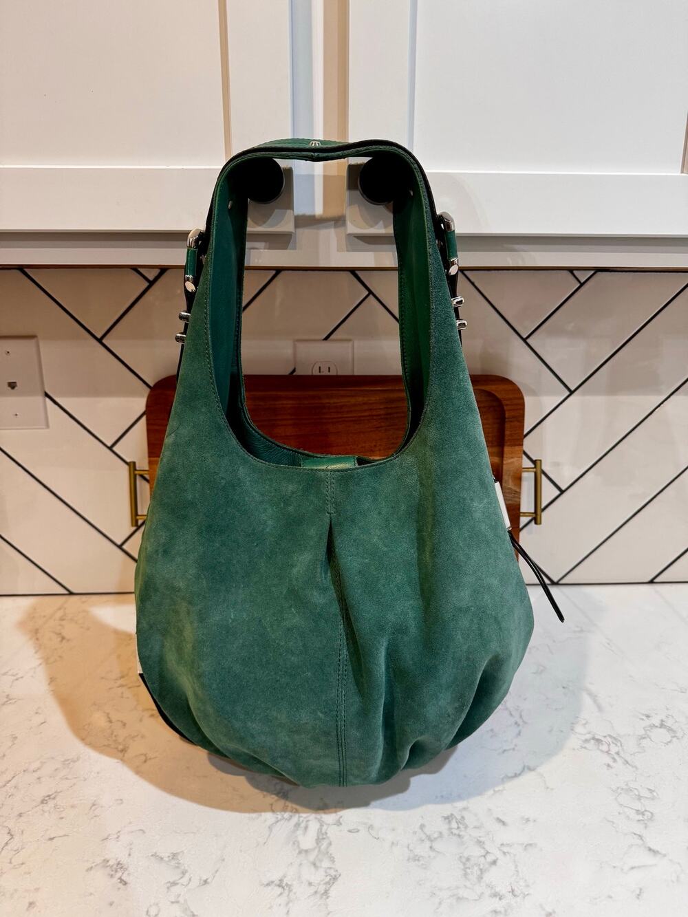 B. Makowsky Emerald Green Suede Hobo Bag slouchy chunky silver tone hardware Y2K